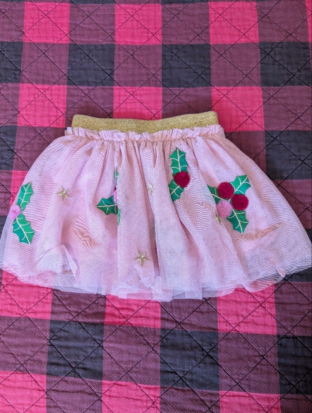 Mini Boden Pink Tulle Skirt with Gold Waistband and Holly Appliqués